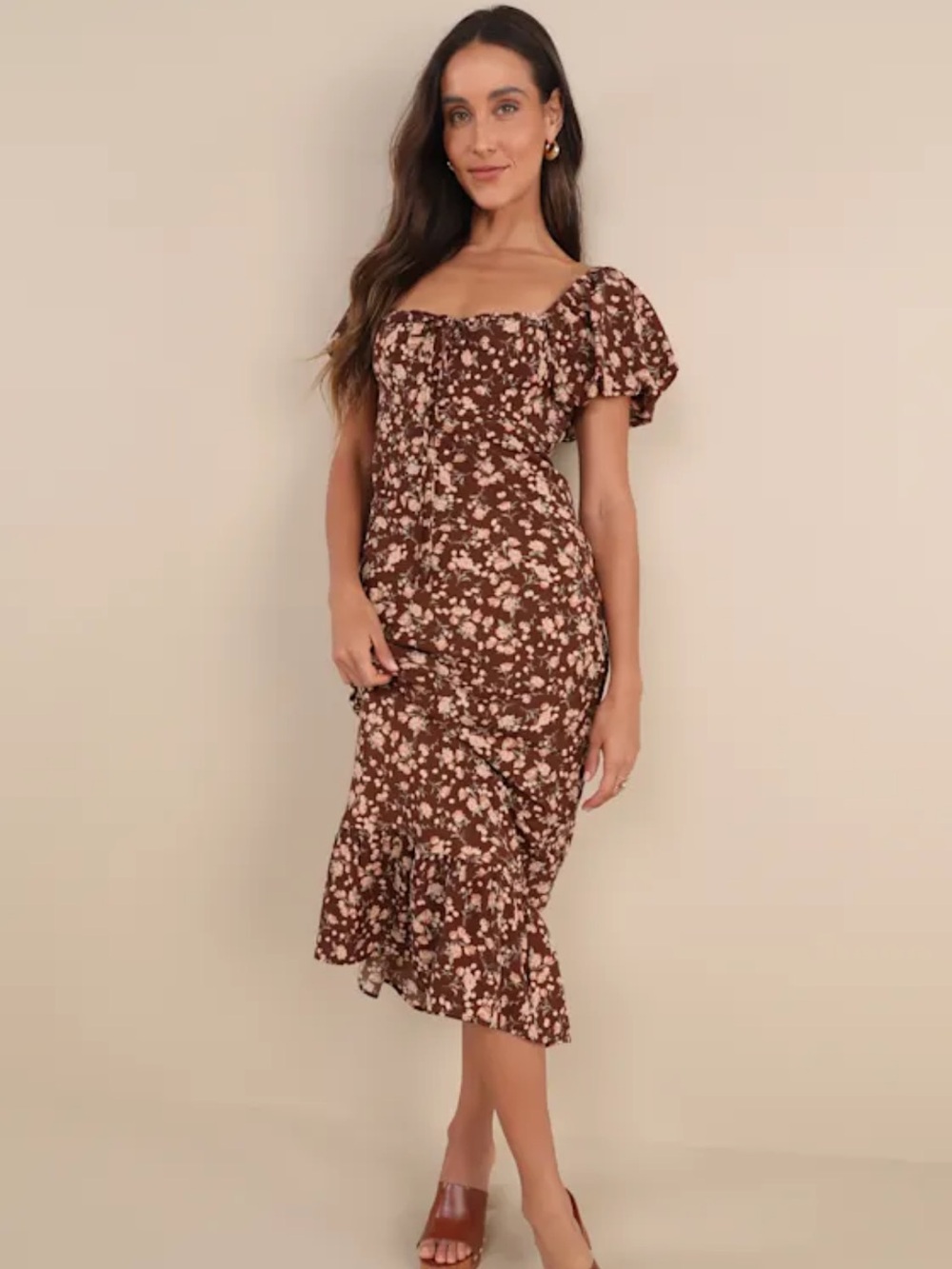 Lulus// Remarkably Flourishing Brown Floral Puff Sleeve Midi Dress